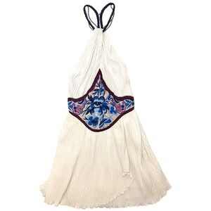 FREE PEOPLE NWT Boho XS/0 Ivory/Blue/Purple Embroidered Halter Mini Dress/Tunic